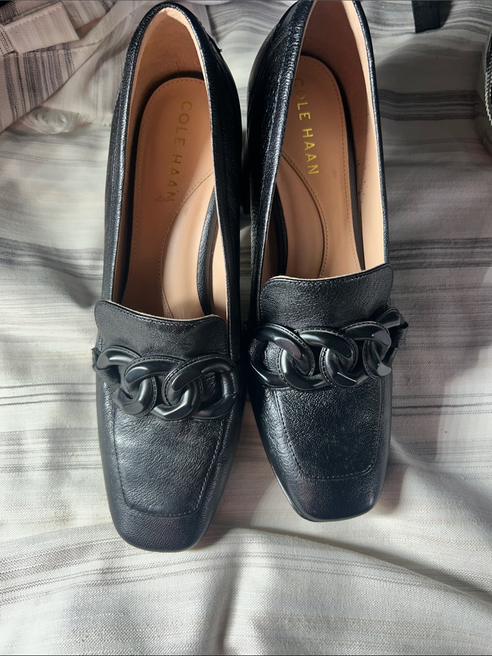 Cole Haan Black Leather Chain-Trim Loafers (Women's)